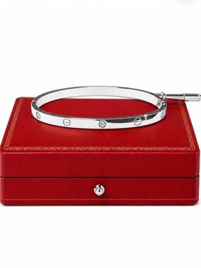 Stamped Platinum Plated Love Bangle Bracelet with Stones Thin Version